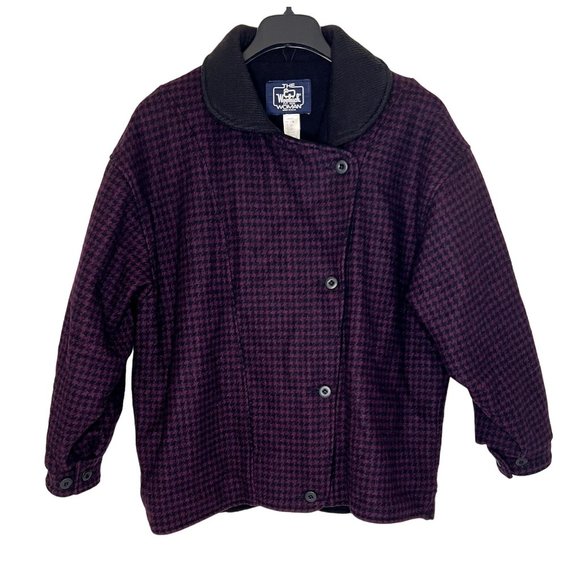 Woolrich Vintage Women's Medium USA Houndstooth Buttoned Cuffs Wool Coat - Picture 1 of 6